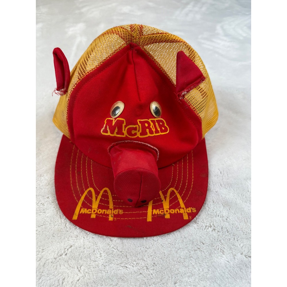 1981 McDonalds McRib Pig Face Trucker Hat Vintage Retro‎ Yellow Mesh Red Rare